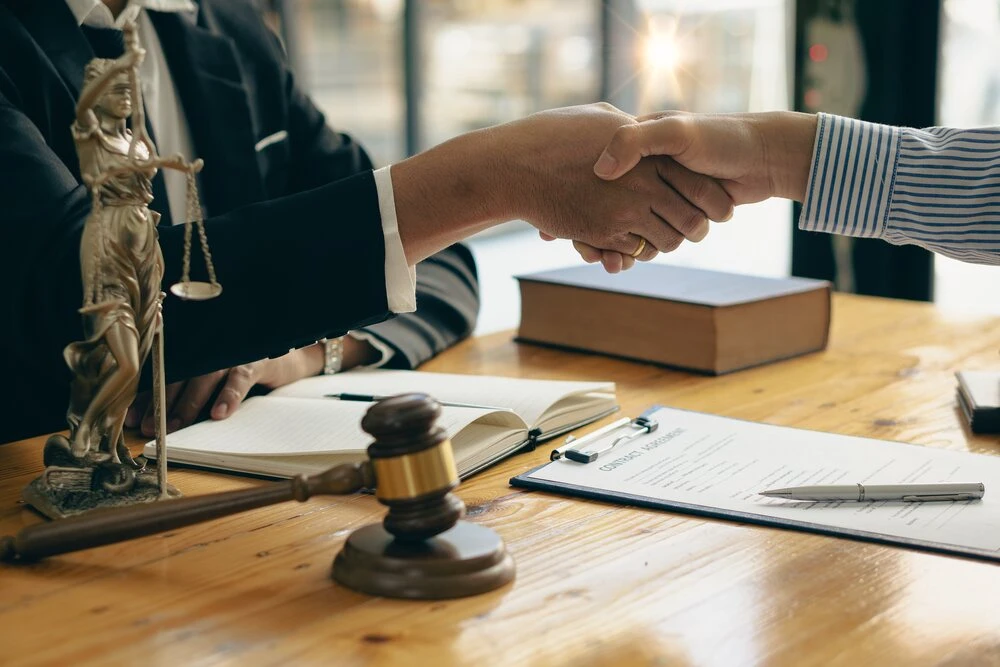 Close-up view of a lawyer holding a client's hand